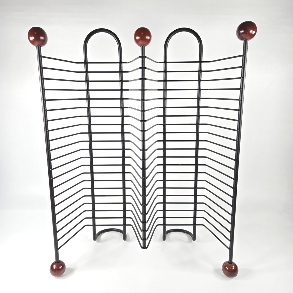 Vintage Y2K Black Wire CD Tower 40 disc Rack Stand Wood Ball Finials Ends Zigzag